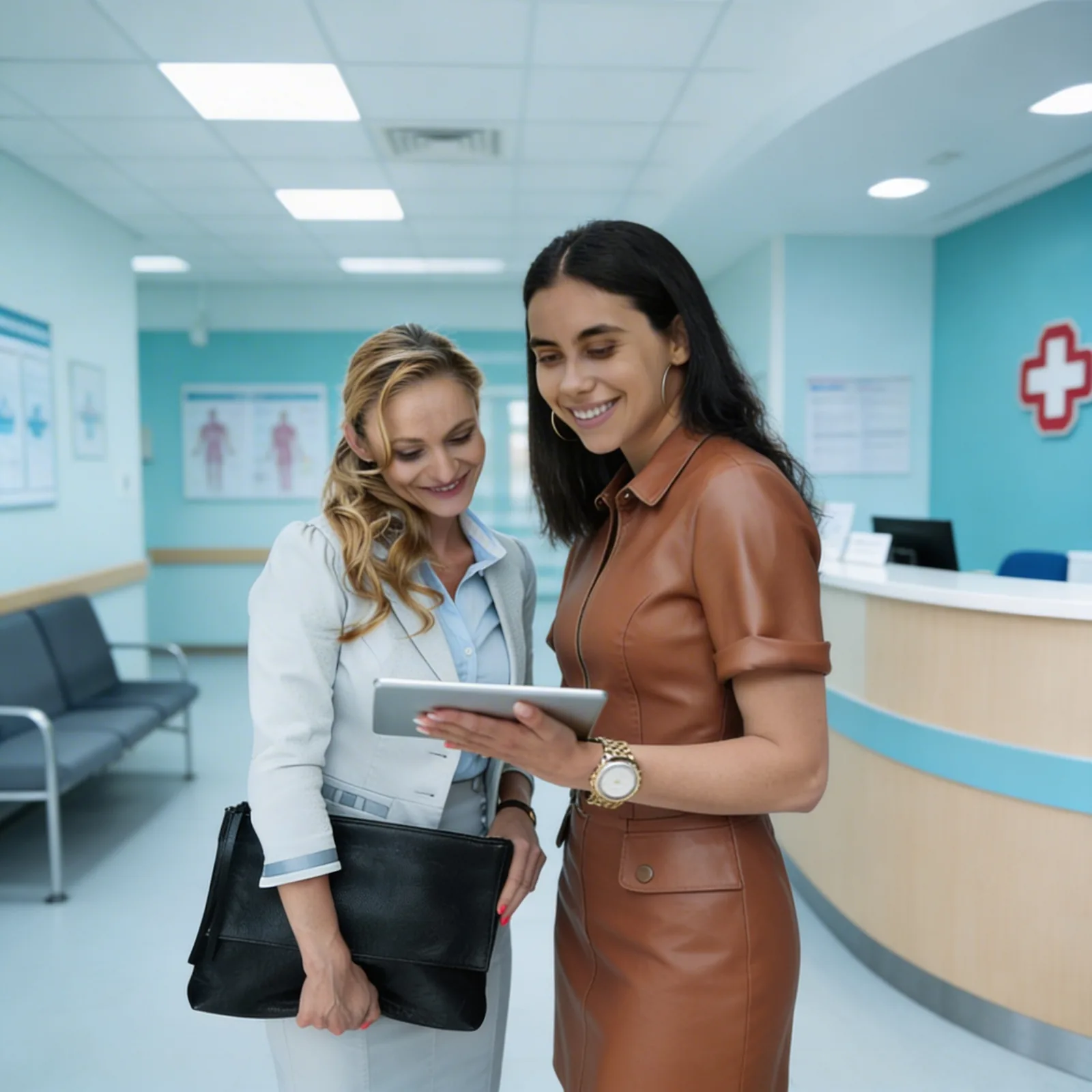 Consultora hospitalar apresentando material no tablet a uma gestora do hospital