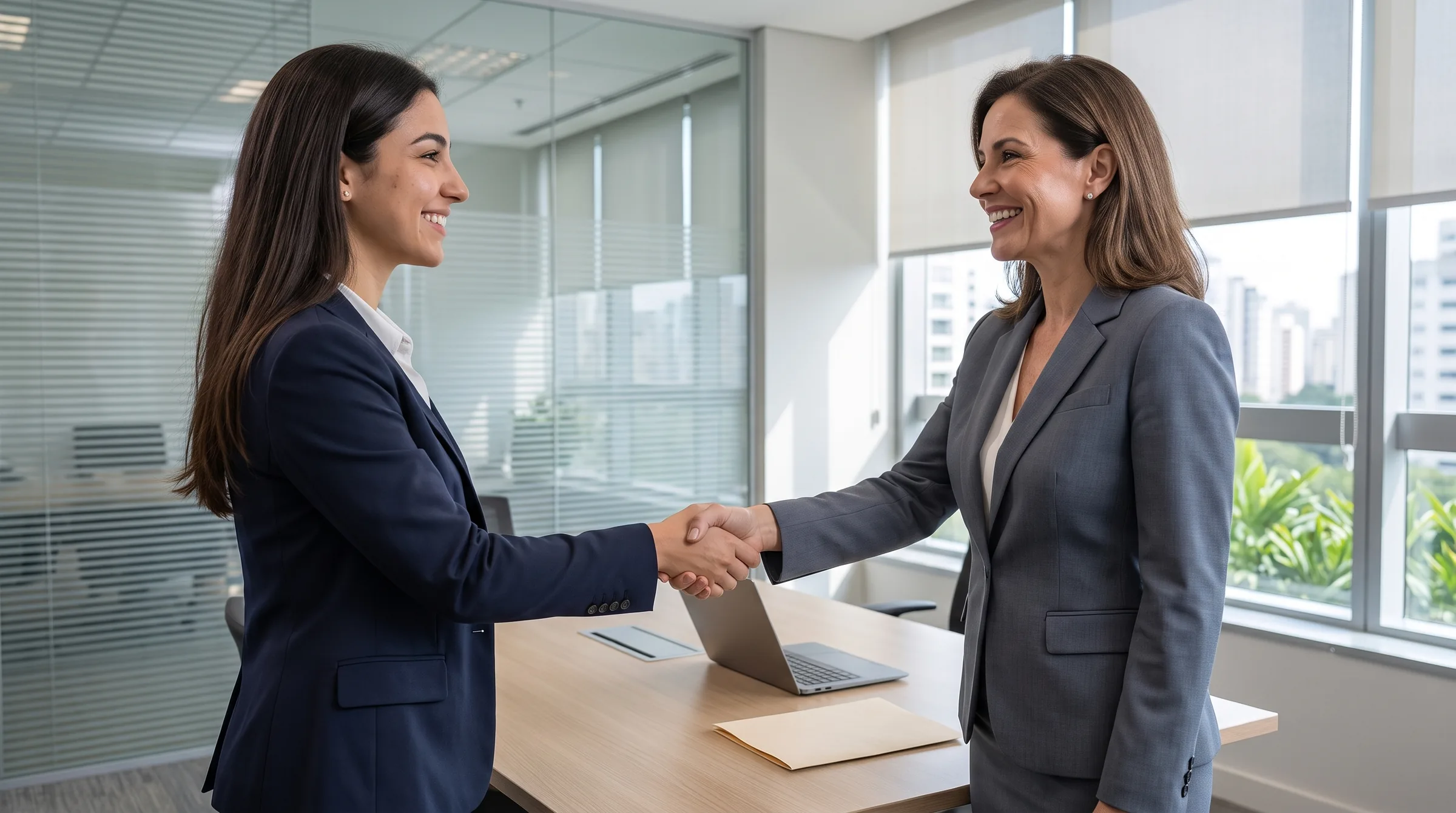 Candidata cumprimentando a recrutadora ao fim da entrevista