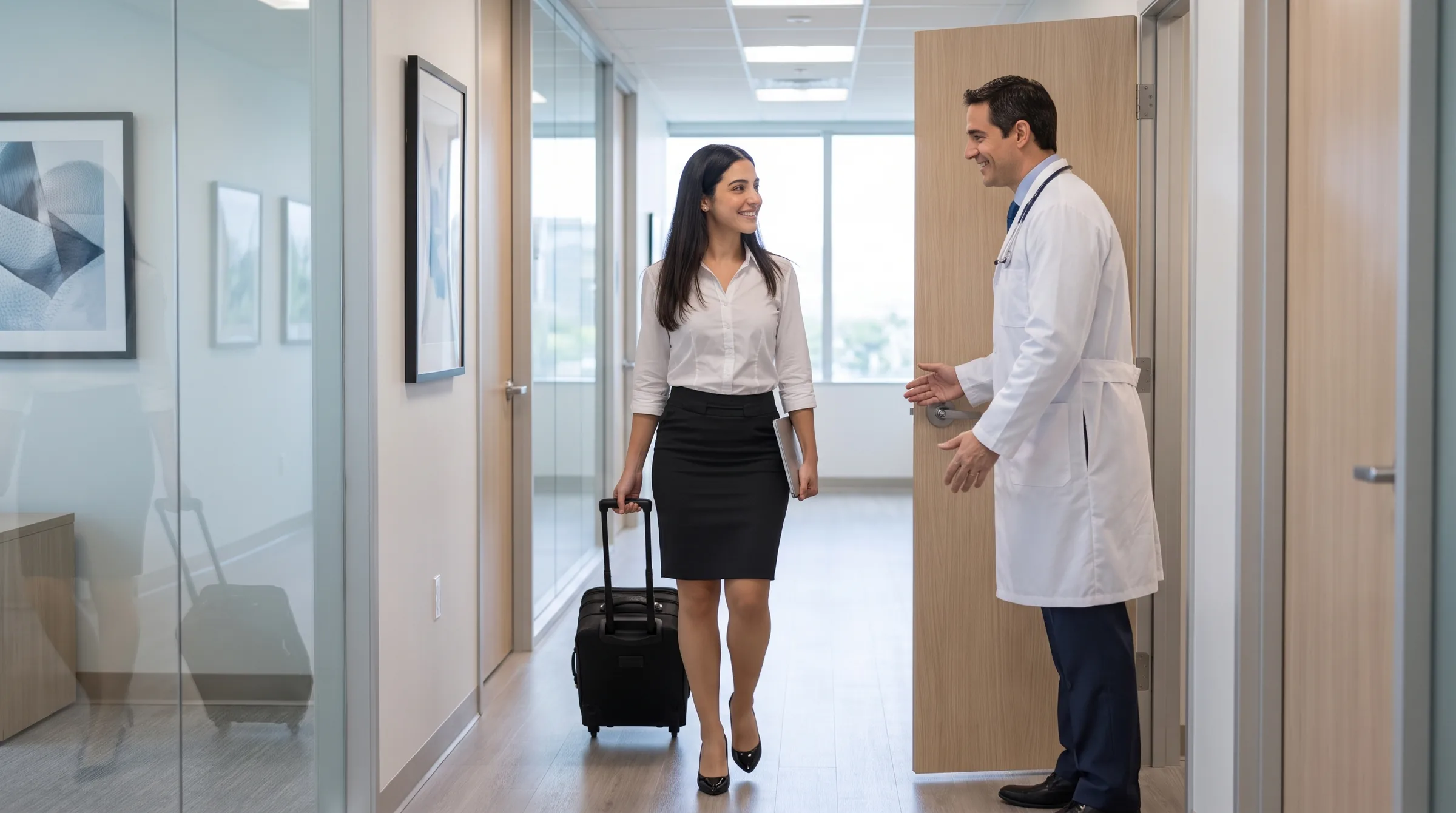 Representante farmacêutica sendo recebida pelo médico na porta do consultório