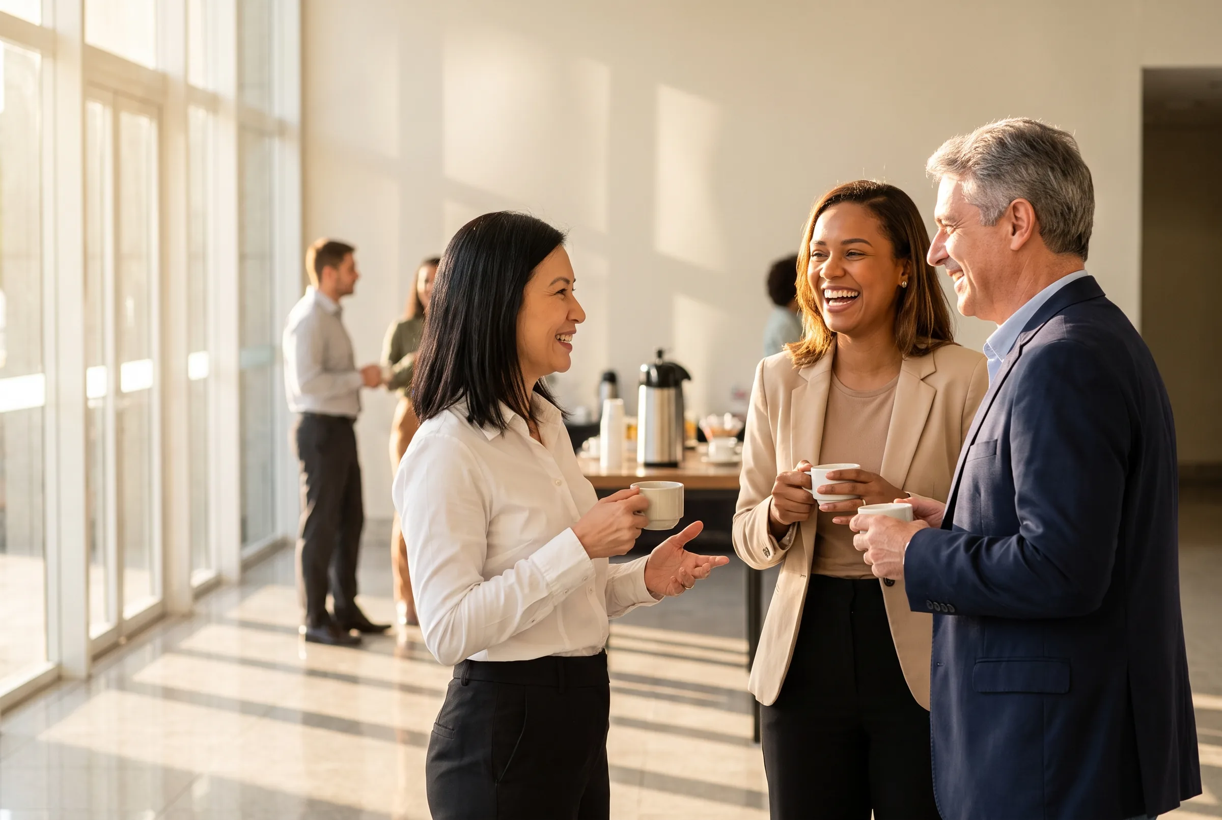 Três profissionais conversando em um hall de evento corporativo