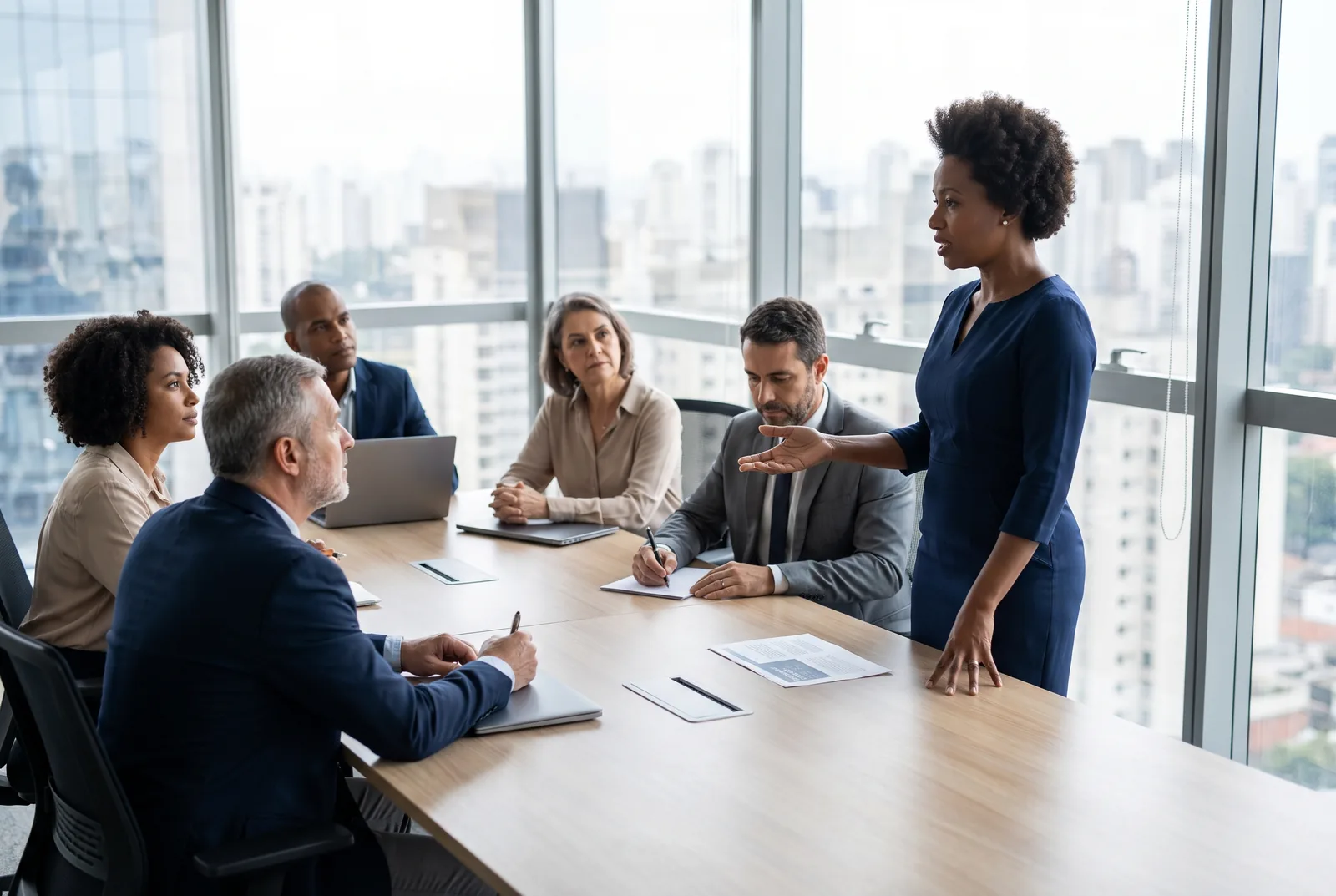 Diretora comercial conduzindo reunião de equipe