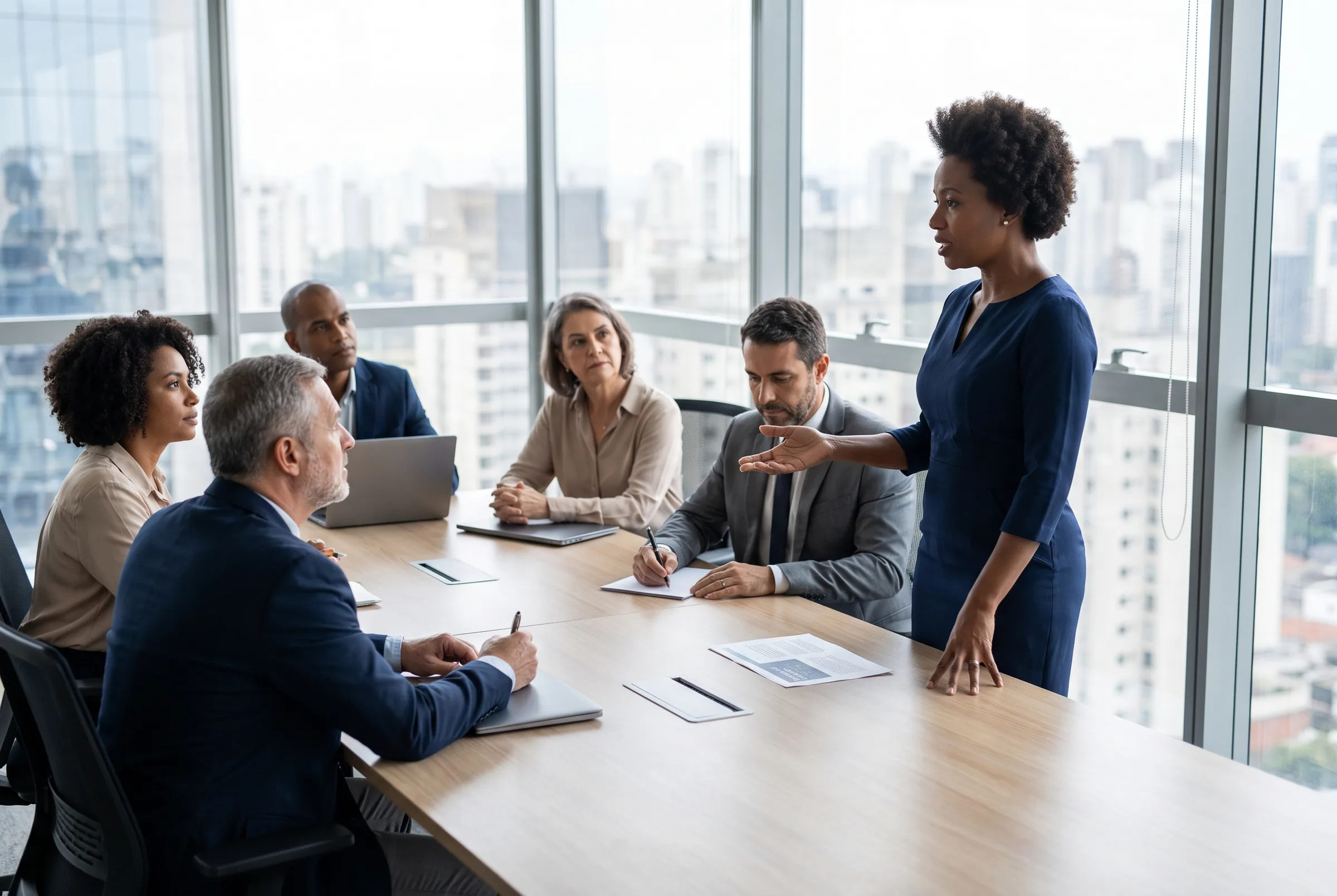 Diretora comercial conduzindo reunião de equipe em sala com vista para a cidade