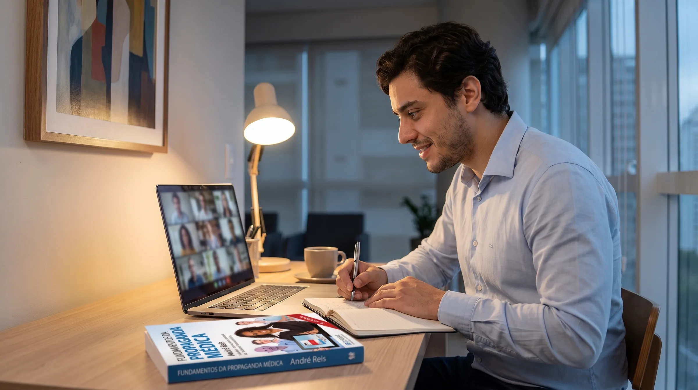Aluno estudando no computador, com o livro sobre a mesa
