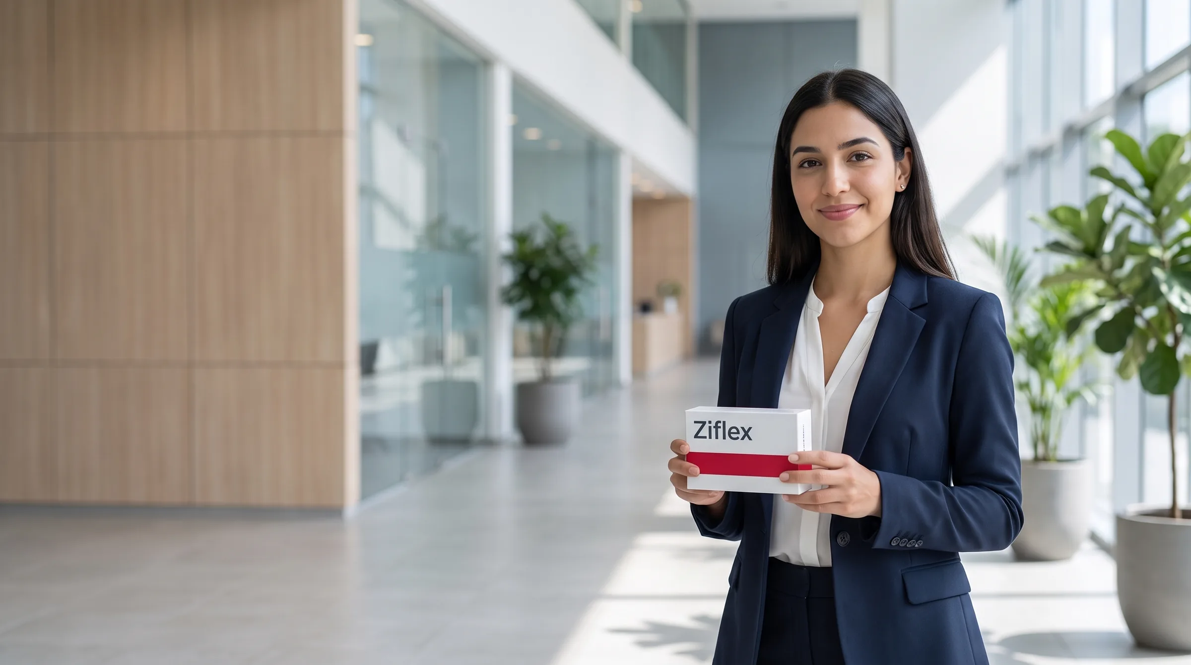Representante farmacêutica segurando a embalagem do Ziflex no lobby de um laboratório