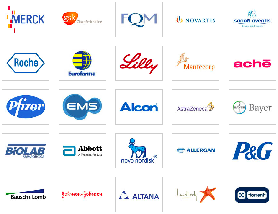 Logotipos de indústrias farmacêuticas que atuam no Brasil, como Merck, GSK, Novartis, Sanofi, Roche, Eurofarma, Lilly, Aché, Pfizer, EMS, Bayer, Abbott, Novo Nordisk e Johnson & Johnson